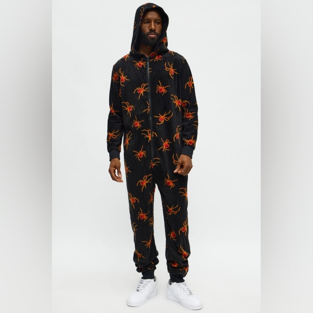 Adult Unisex  Fleece Black Hooded Spider Print Union Suit Sleepwear Onsie